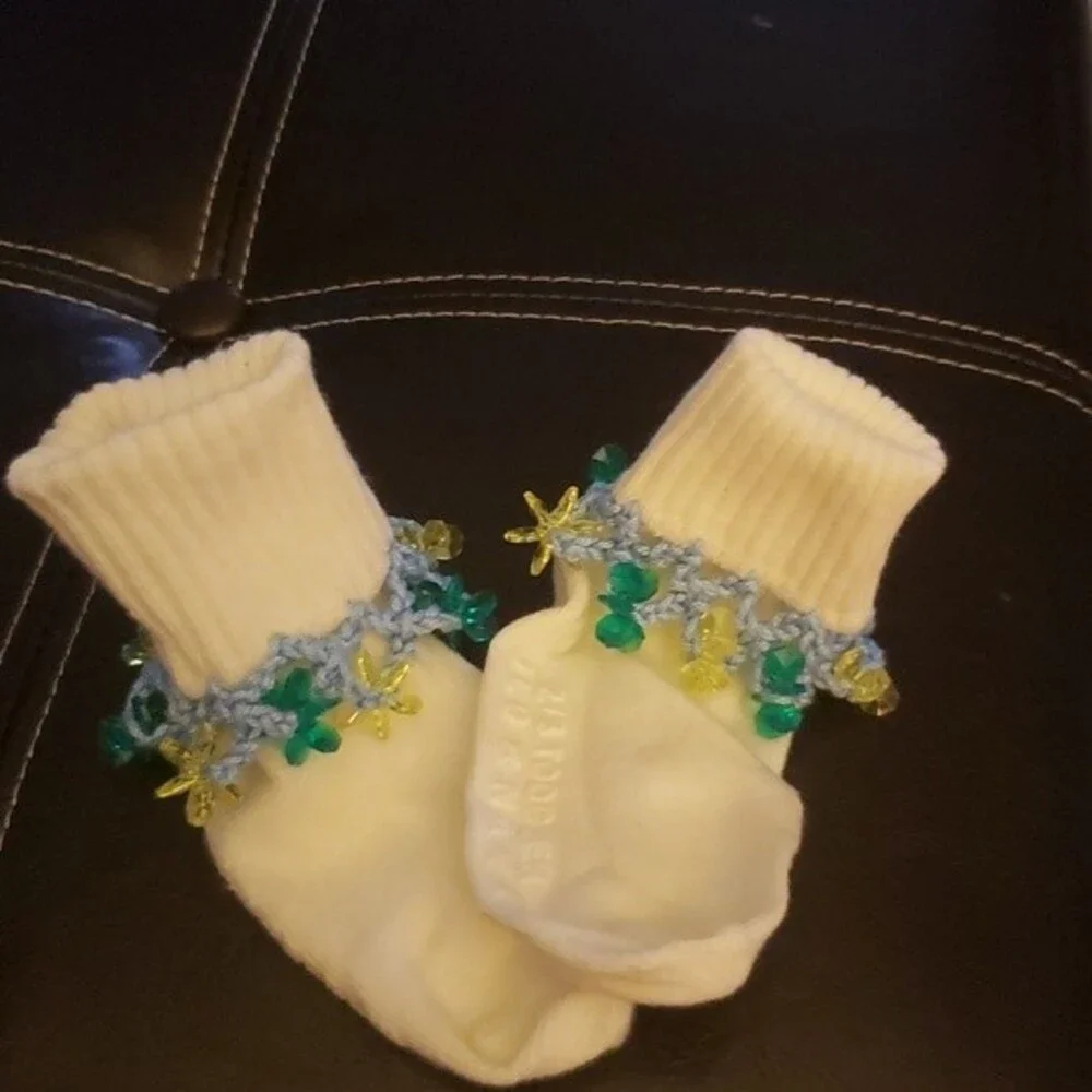 Crochet Beaded socks Size 2/3 Toddler Homemade!
